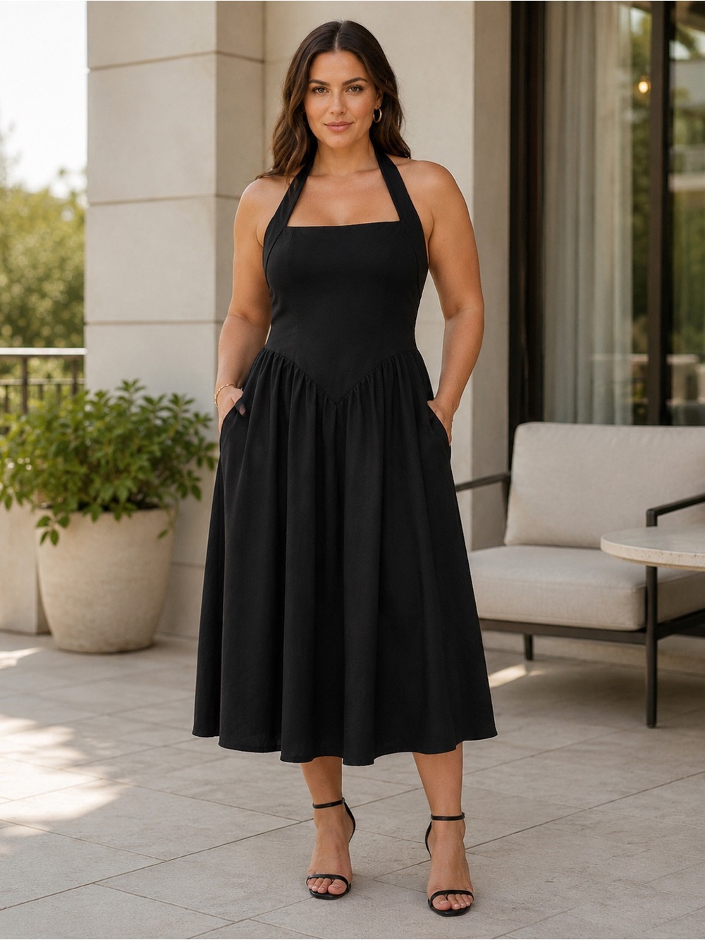 Black Halter Drop Waist Midi Maxi Dress XL Full Skirt Pockets NWOT